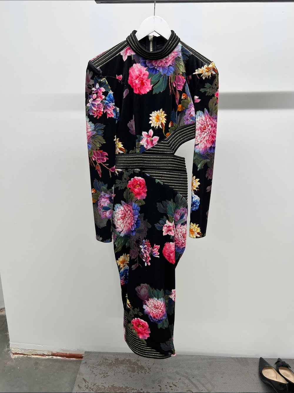 Black Velvet Floral Long-Sleeve Cutout Dress